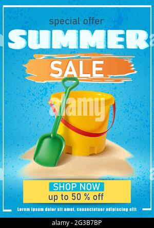 Summer background with sand yellow bucket and spade on blue background. Stock Vector