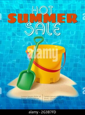 Vector summer background with sand kids play bucket and spade on the sand hill and water tiles background. Stock Vector