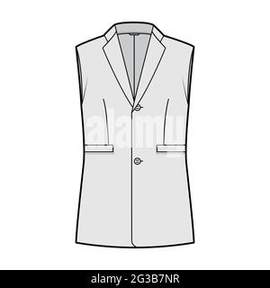 Sleeveless jacket lapelled vest waistcoat technical fashion illustration with notched collar, single breasted, pockets. Flat template front, grey color style. Women, men unisex top CAD mockup Stock Vector