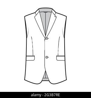 Sleeveless jacket lapelled vest waistcoat technical fashion illustration with single breasted, button-up closure, pockets. Flat template front, white color style. Women, men unisex top CAD mockup Stock Vector