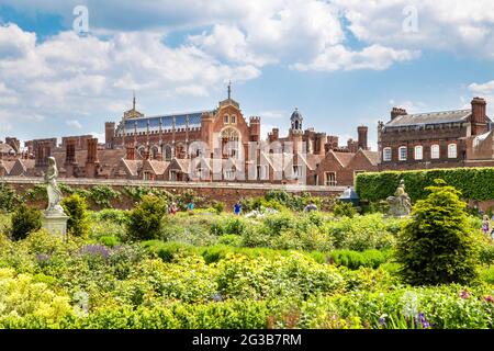 View of the Rose Garden at the tudor style Hampton Court Palace, Richmond, London, UK Stock Photo