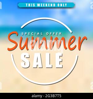 Summer sale background with blurred beach on the back. Stock Vector