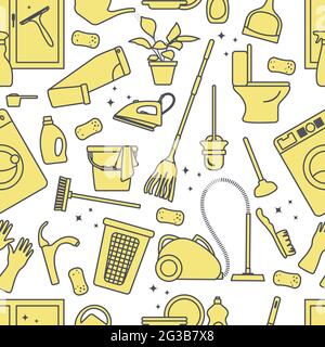Vector Seamless pattern Illustration Cleaning Maid service Housekeeping Washing machine Mop Watering can Iron Vacuum cleaner Professional hygiene serv Stock Vector