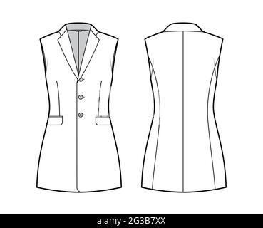 Sleeveless jacket lapelled vest waistcoat technical fashion illustration with notched collar, button-up, fitted body. Flat template front, back, white color style. Women, men unisex top CAD mockup Stock Vector