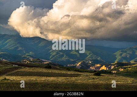Melnik Earth Pyramids seen from Zornitza Family Estate. Lozenitsa, Bulgaria Stock Photo
