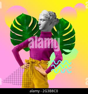 Contemporary art collage. Young woman headed of antique statue head isolated on multicolored neon background. Stock Photo