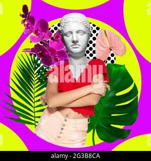 Contemporary art collage. Young woman headed of antique statue head isolated on multicolored neon background. Stock Photo