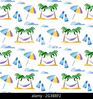 Seamless pattern. Travel vector illustration. Vacation at sea. Summer rest. Holiday. Adventure. Cruise. Palm tree, hammock, beach umbrella, flippers. Stock Vector