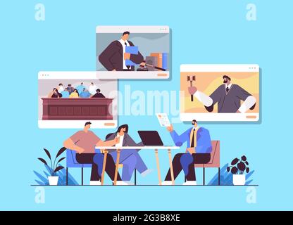 male lawyer or judge consult discussing with clients during meeting law and legal advice service online consultation Stock Vector