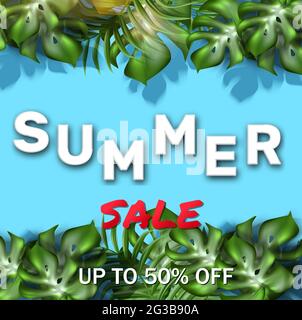Vector summer sale banner template with tropical leaves. Stock Vector