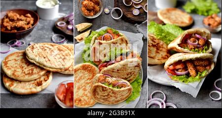 Set of dishes. Food collage. Lavash pita with chicken nuggets. Stock Photo