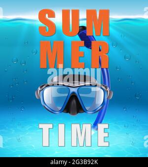 Summer background with big typography letters, 3d realistic vector ocean, under water background with sunlight and rays and mask for diving. Stock Vector