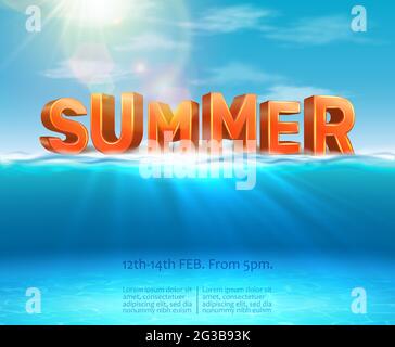 Summer background with big typography letters, 3d realistic vector ocean, under water background with sunlight and rays. Stock Vector