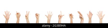 Closeup of ladies hands over white background, collection of diverse unrecognizable women showing various gestures, holding pencils, cropped, creative Stock Photo