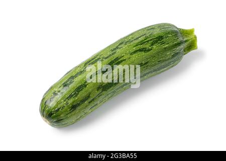 Single fresh raw green spotted courgette close up isolated on white background Stock Photo