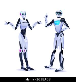 modern robotic characters standing together robots discussing during meeting artificial intelligence technology Stock Vector