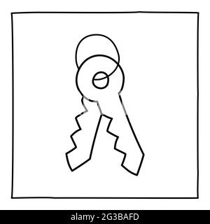 Doodle two keys icon or logo, hand drawn with thin black line. Stock Vector