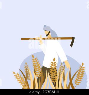 A farmer holding a spade walks through a wheat farm Stock Vector