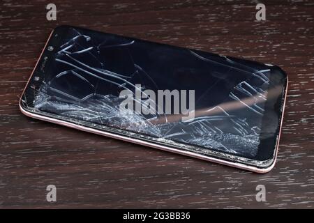broken glass of smartphone,  broken sensor touch screen phone. Stock Photo