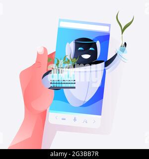 modern robot holding test tubes with genetically modified plants on smartphone screen scientific research Stock Vector