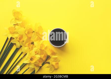 Many yellow daffodils and cup of black coffee on yellow background. Top view, copy space for text. Spring greeting card. Stock Photo
