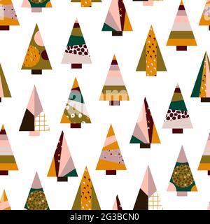 Seamless Vector cartoon triangular Christmas tree pattern. Hand drawn firtree on white background. Festive boho color Ornament Scandinavian fir symbol Stock Vector
