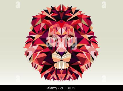 Low poly pink lion head in full face. Wild animal made of polygonal elements. A character with formidable eyes and a calm face. Geometric lion. Vector Stock Vector