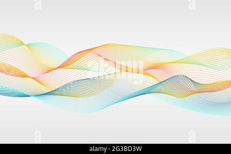 Vector abstract striped banner. Yellow, orange, blue gradient waves on light gray background. Color template for web, site, advertisement, posters. Co Stock Vector