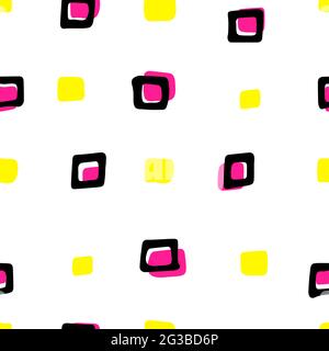 Seamless pattern. Black hand-drawn squares on a white background with yellow and pink accents. Scandinavian cozy Vector illustration with geometric sh Stock Vector
