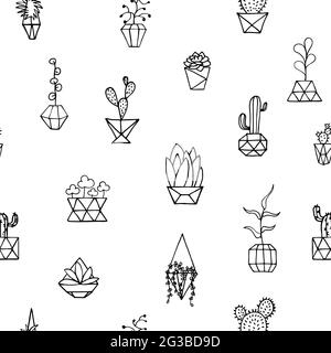 Doodle plant in faceted pot seamless pattern. Hand-drawn leaves, succulents, cactus, poly flower pot. Outline home plants isolated on white background Stock Vector