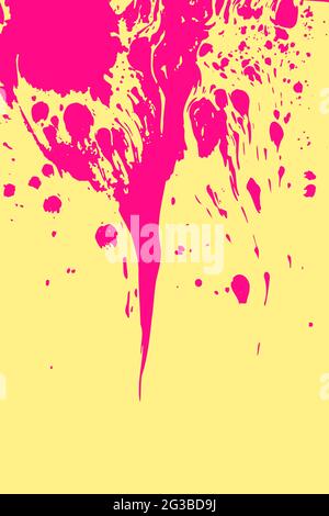 Abstract vector grunge illustration. Pink spreading splashes of paint on yellow background. Dripping stain, drops, spots, liquid ink. Handcrafted text Stock Vector