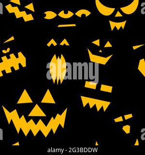 Seamless pattern of halloween scary pumpkins on black background. Funny, creepy, smiling faces. Happy Halloween festive symbol. characters with lumino Stock Vector