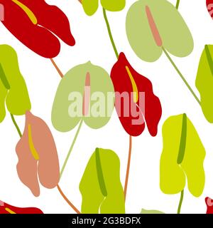 Seamless botany floral vector pattern. Green, red flowers isolated on white background. Color anthurium flowers, plants stock illustration for wrappin Stock Vector