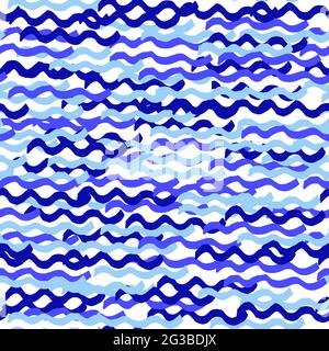 Seamless vector marine pattern. Blue brush strokes of paint waves isolated on white background. Spots, splashes, water, ocean, sea, line, river image. Stock Vector