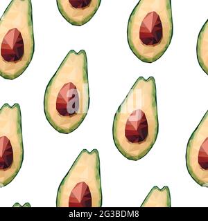 Seamless low poly avocado pattern. Vector polygonal avocado sign isolated on white background. Green healthy fruits, proper nutrition, snacks, vegetab Stock Vector