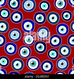 Seamless Nazar Boncugu amulet blue eye pattern. Turkish, Greece, arabian Talisman on burgundy red background. Fatima Eye protection symbol set. Magic Stock Vector