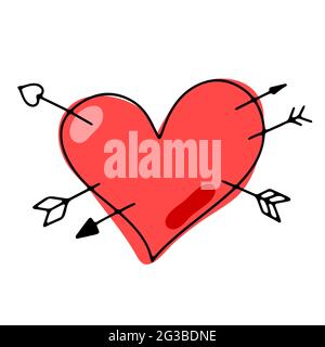 Doodle Valentines Day heart. Hand drawn pink love symbol isolated on white background. Cute greeting card Heart pierced by arrows. February 14, weddin Stock Vector