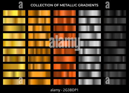 Big metal gradients pack. Gold, bronze, silver and black texture gradation background set. Vector metallic gradients. Elegant, shiny and bright Stock Vector