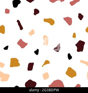 Abstract Seamless stylized Terrazzo tiles pattern. Chaotic mosaic with stones and rock pieces. Marble boho colored texture. Vector illustration for ba Stock Vector