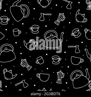 Seamless Doodle hand drawn teapot pattern. Outline Kettle, cup, moka, turka on black background. Cozy kitchen dishes for tea, coffee, drinks. Breakfas Stock Vector
