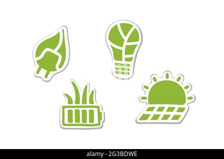Energy saving sticker set. Green signs of recycling, eco, ecology, technology, earth care collection. Light bulb, battery, solar battery, plug isolate Stock Vector