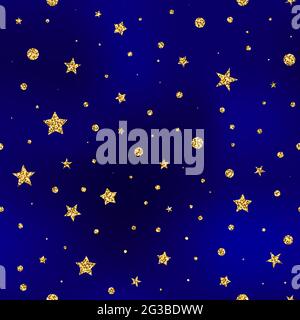 Seamless Glitter Stars vector pattern. Shiny stars, dots on dark blue background. Sparkles for holidays, New Year, Christmas, Birthday. Vector Xmas Ma Stock Vector