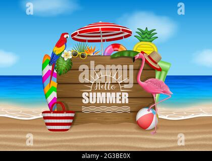 Hello summer poster with beach elements, tropical flowers, leaves, birds and wooden sigboard on beach landscape Stock Vector