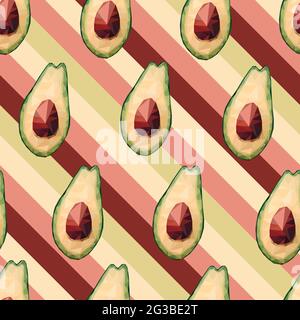Seamless low poly avocado pattern. Vector polygonal avocado on burgundy colour striped background. Green healthy fruits, proper nutrition, snacks, veg Stock Vector