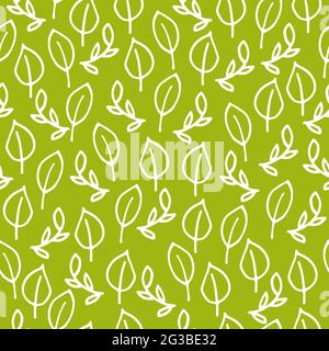 Seamless floral vector pattern. White outline Leaves and Twigs Isolated on olive Background. Tropical Green ornament for wallpaper, textile, wrapping Stock Vector