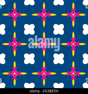 Seamless geometric vector pattern. Classic decorative vibrant elements on a classic blue background. Vector traditional illustration in pink, yellow, Stock Vector
