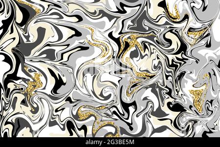 Marble texture banner. Liquid texture. Gray, white, black, gold spots. Shining vector glitter stock illustration for backgrounds, holidays, business c Stock Vector
