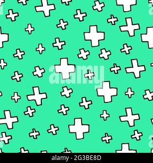 Seamless medical pattern. Black Outline white crosses isolated on a green blue background. Vector picture with pharmaceutical hand-drawn elements. Ill Stock Vector