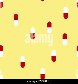 Seamless minimalistic medical pattern. White red pills on a yellow background. Vector stock illustration with pharmaceutical product. Cartoon medicine Stock Vector