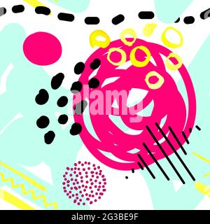 Seamless vector scandinavian pattern. Blue, pink, black balls, stars, dots, spots, stripes on a white background. Bright messy line art. Cute tangled Stock Vector